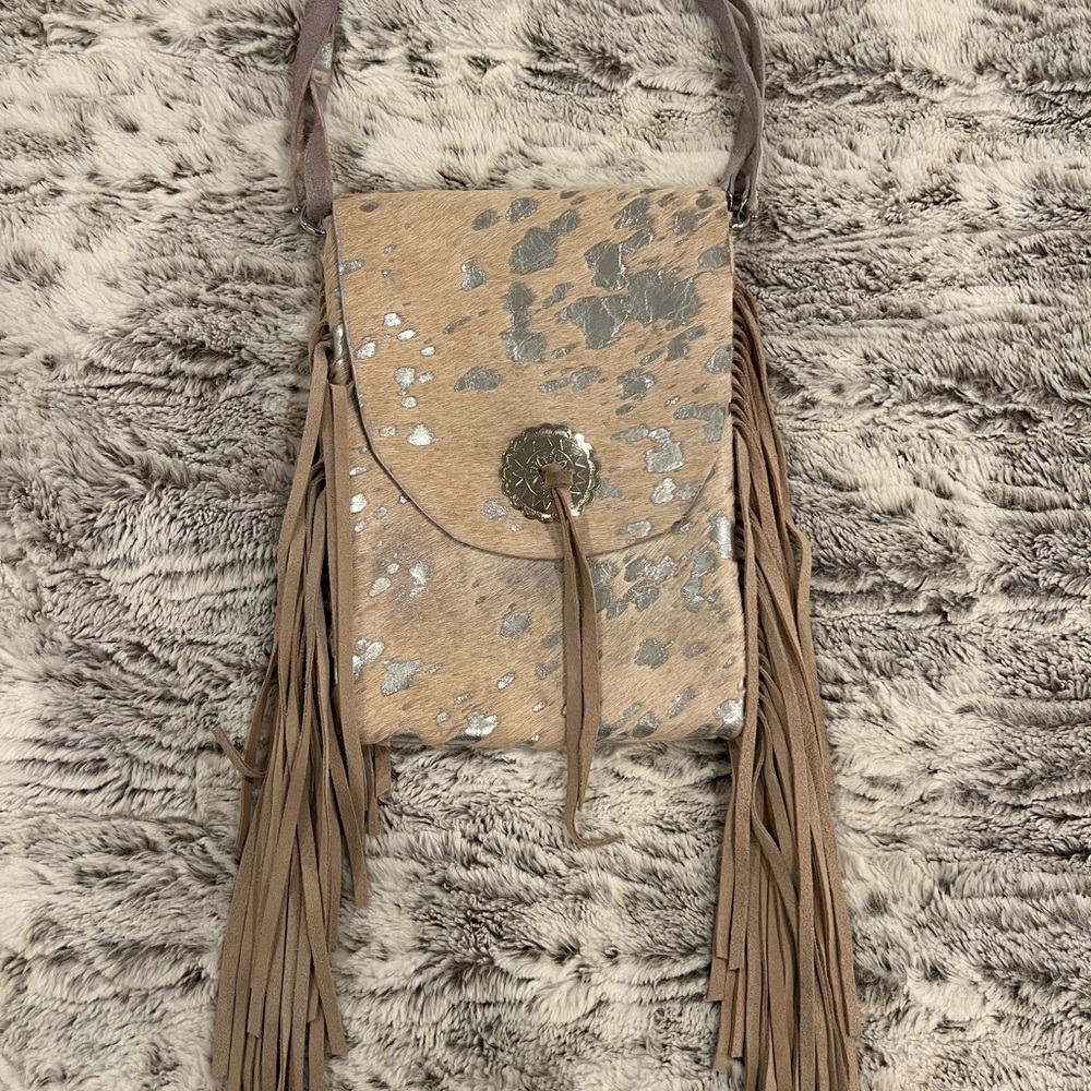 Hand Made cowhide Fringe Crossbody Bag in Taupe with Silver Accents….NEW!
